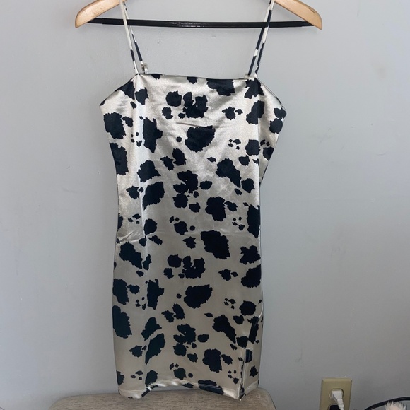 SILK Cow Print Mini Dress w/ slit - Picture 1 of 4